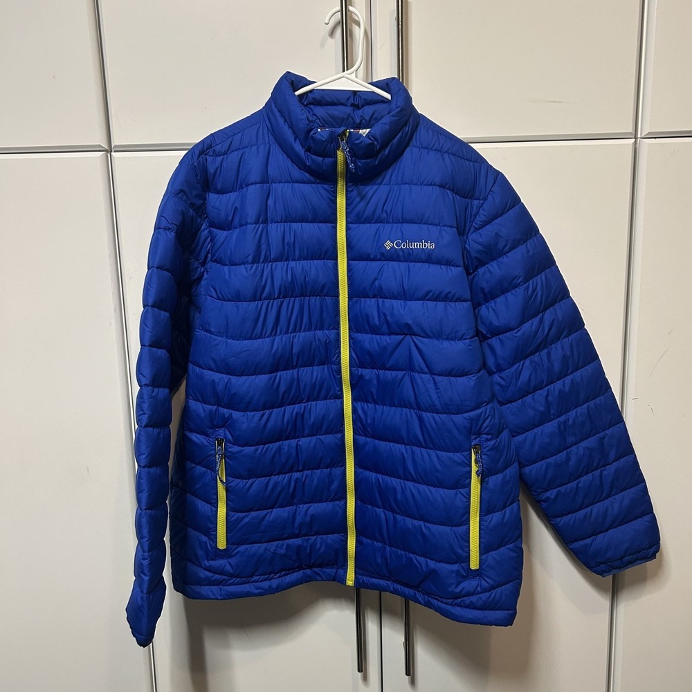 Columbia Thermal Coil Puffer Jacket Mens Large Blue Lime Green Full Zip Quilted